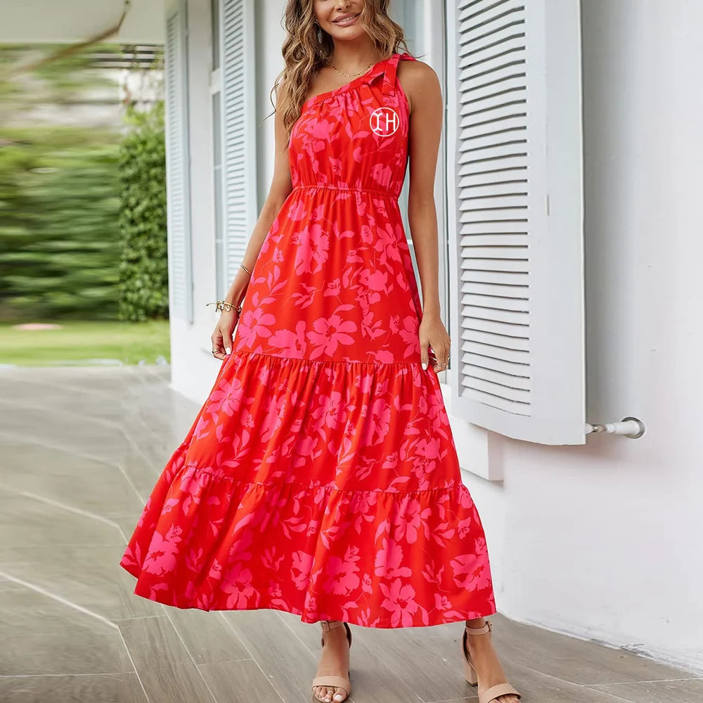 Online Retailer Ladies Floral Printed One Shoulder Lace-up Maxi Dress Casual Elegant Summer Long Party Dresses