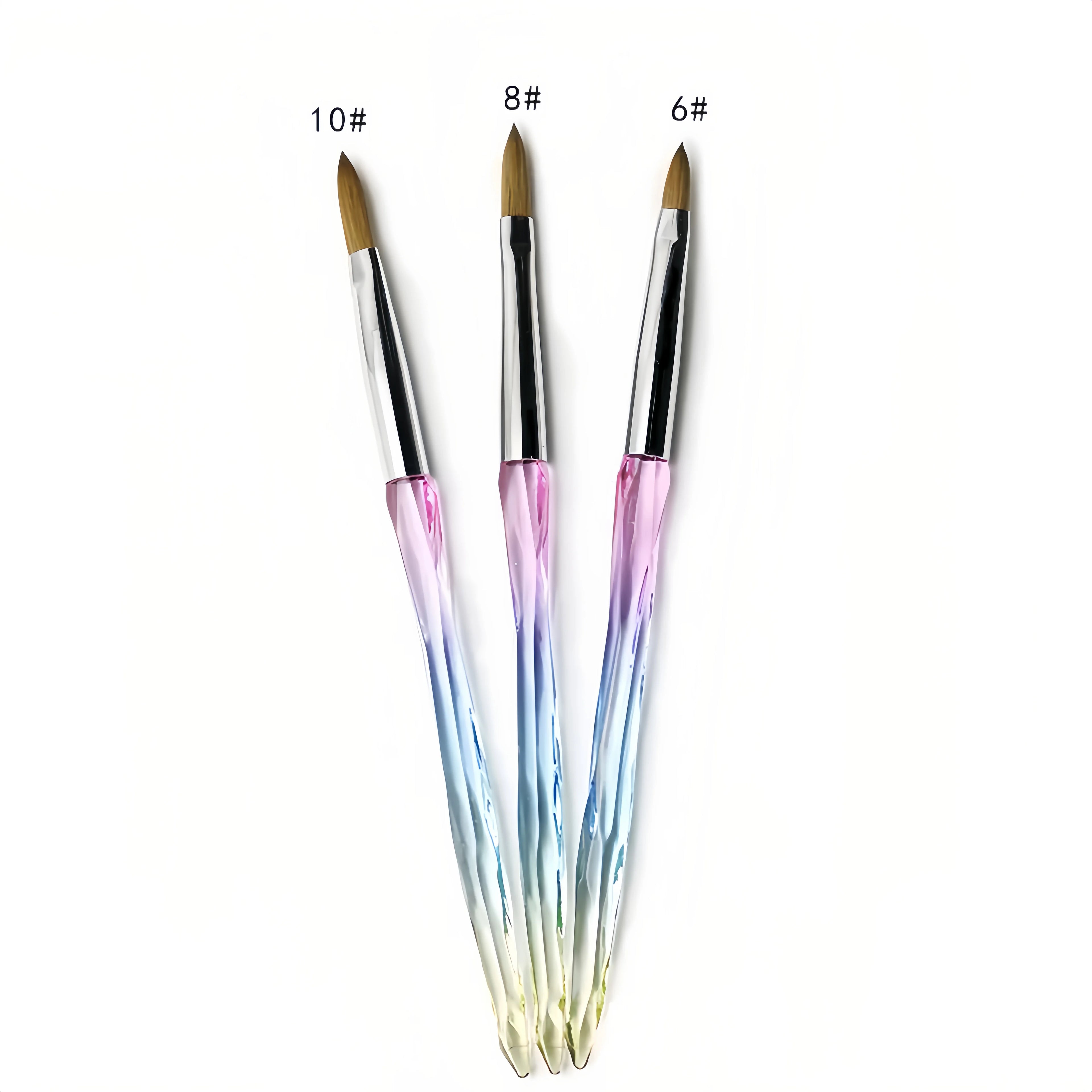 Customized 3D Acrylic Nail Art Brush with Transparent Acrylic Handle Crimped Pure Kolinsky Acrylic Nail Pinceles Size #2-#14