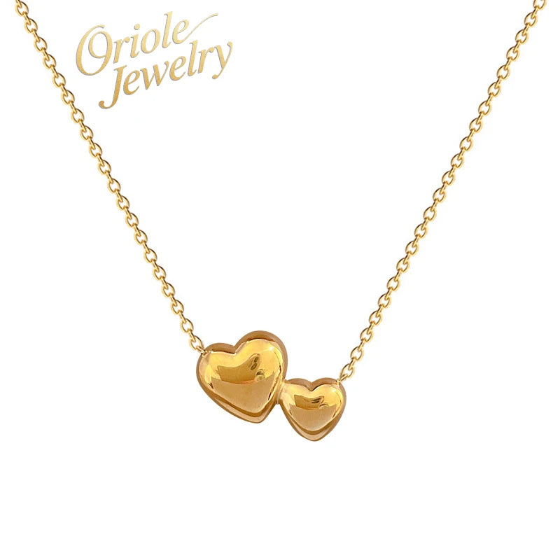 Glossy Double Heart Necklace Trendy Simple Titanium with Real Gold Plating Strands Chain Type for Anniversary