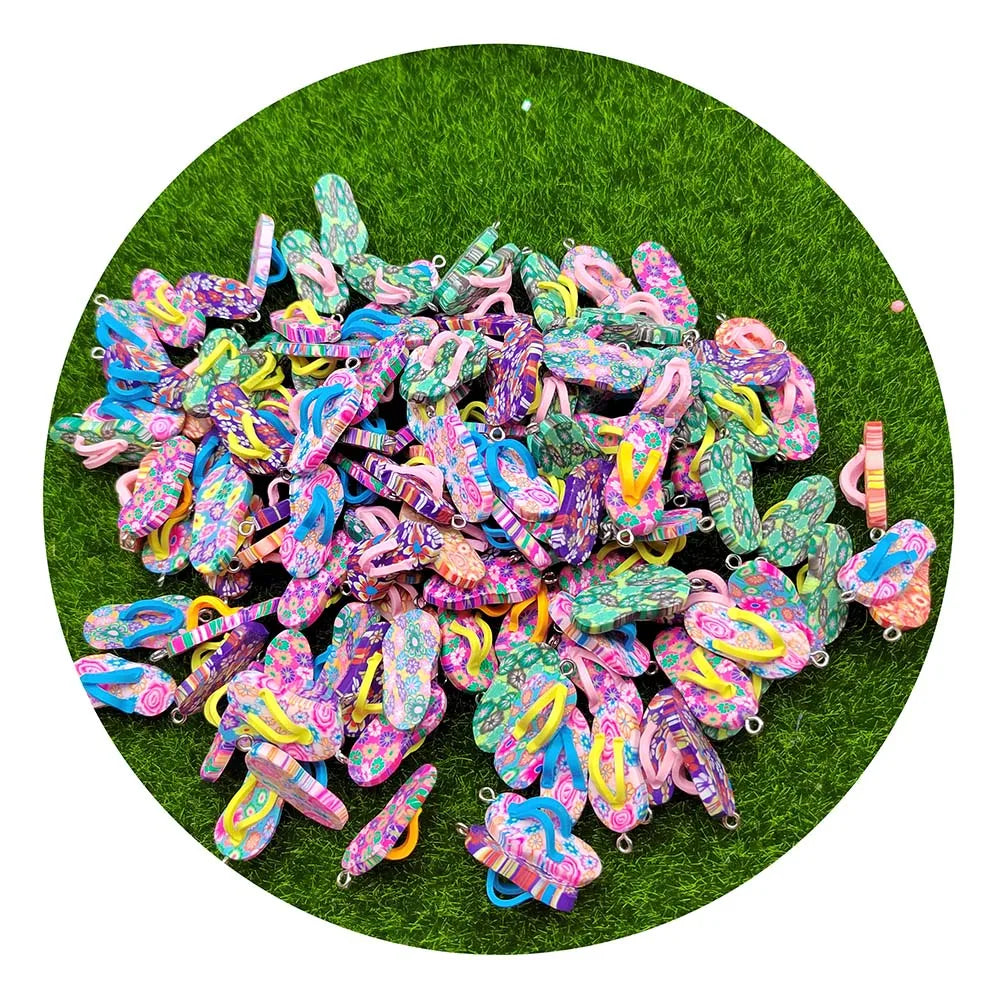 100Pcs Colorful Polymer Clay Flip Flop Charms Mini Slippers Pendants DIY Summer Beach Theme Jewelry Making Decoration