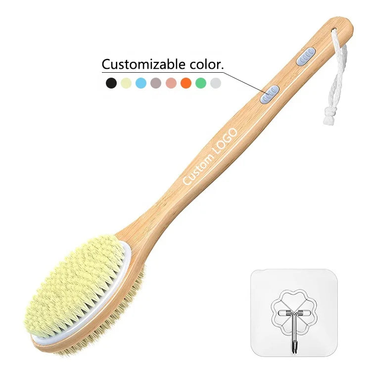 Long Handle Double-Sided Wet or Dry Shower Brush Silicone Wooden Bath Brush with Soft and Stiff Bristles