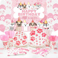 Pink Dog Paw Tableware Sets for Girl Disposable Paper Plates Cups Napkins Tablecloth HAPPY BIRTHDAY Banner Backdrop Balloons