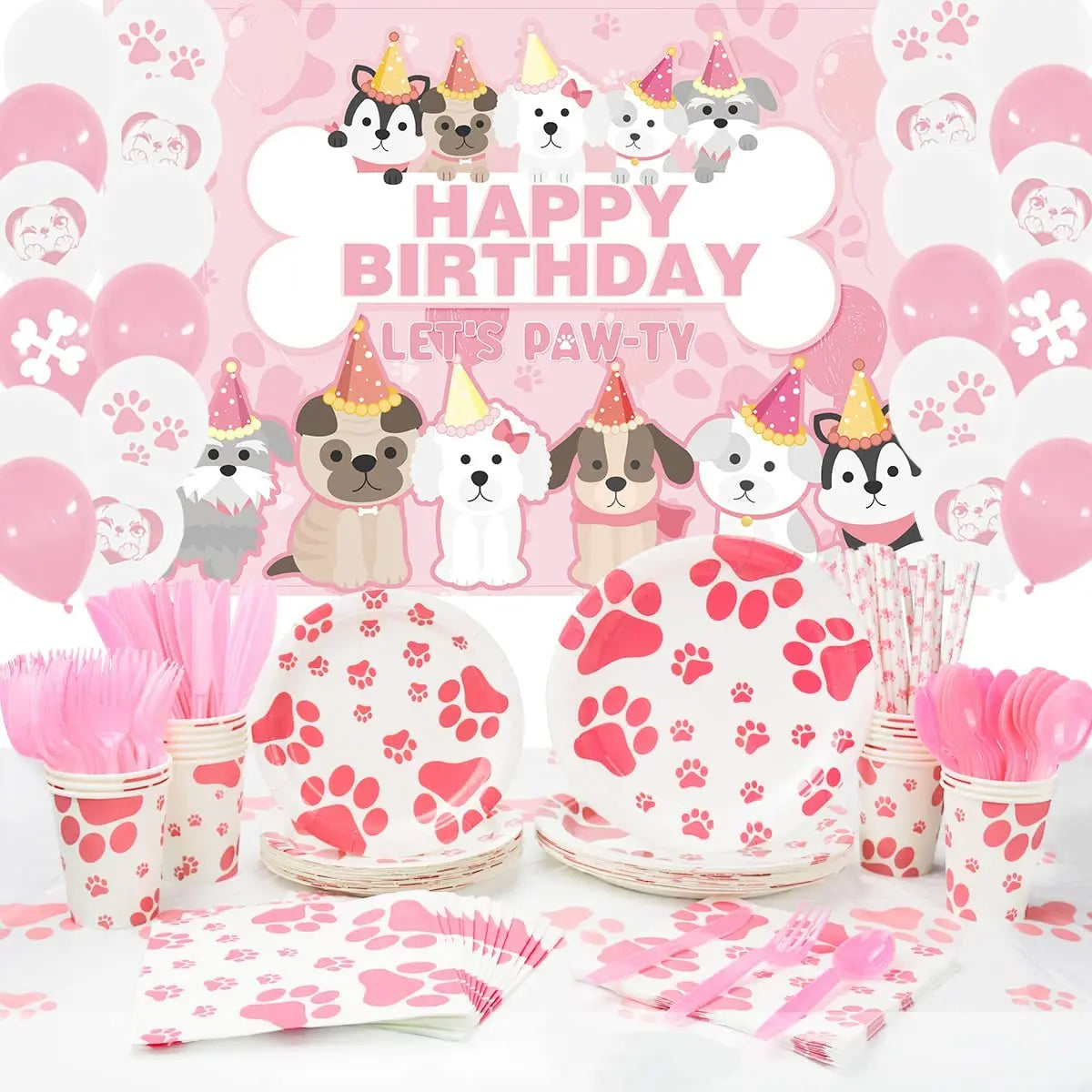 Pink Dog Paw Tableware Sets for Girl Disposable Paper Plates Cups Napkins Tablecloth HAPPY BIRTHDAY Banner Backdrop Balloons