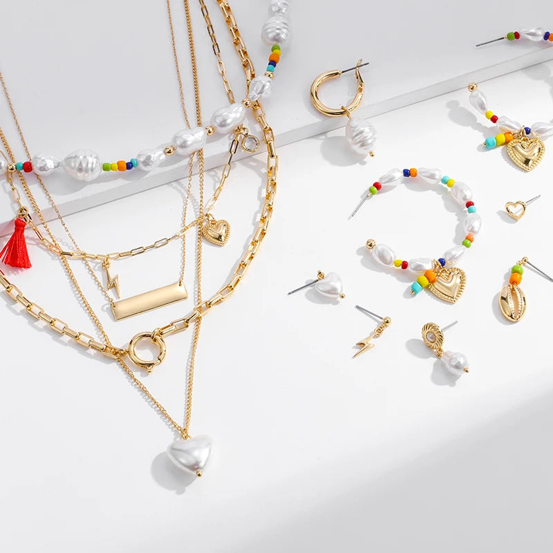 New Arrival Good Quality Pearl Pendant Jewelry 5 Layered Gold Plated Pearls Hook Statement Necklace Earring Set