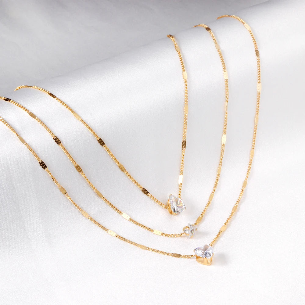 Ason New Design Luxury Jewelry Moon Star Triple Chain Zircon 18K Gold Plated Necklace Stainless Steel for Party Pendant Necklace