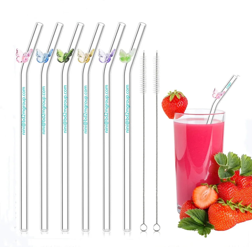 Manufacture Direct High Quality Transparent Glass Pipe Straw with butterfly Decoration