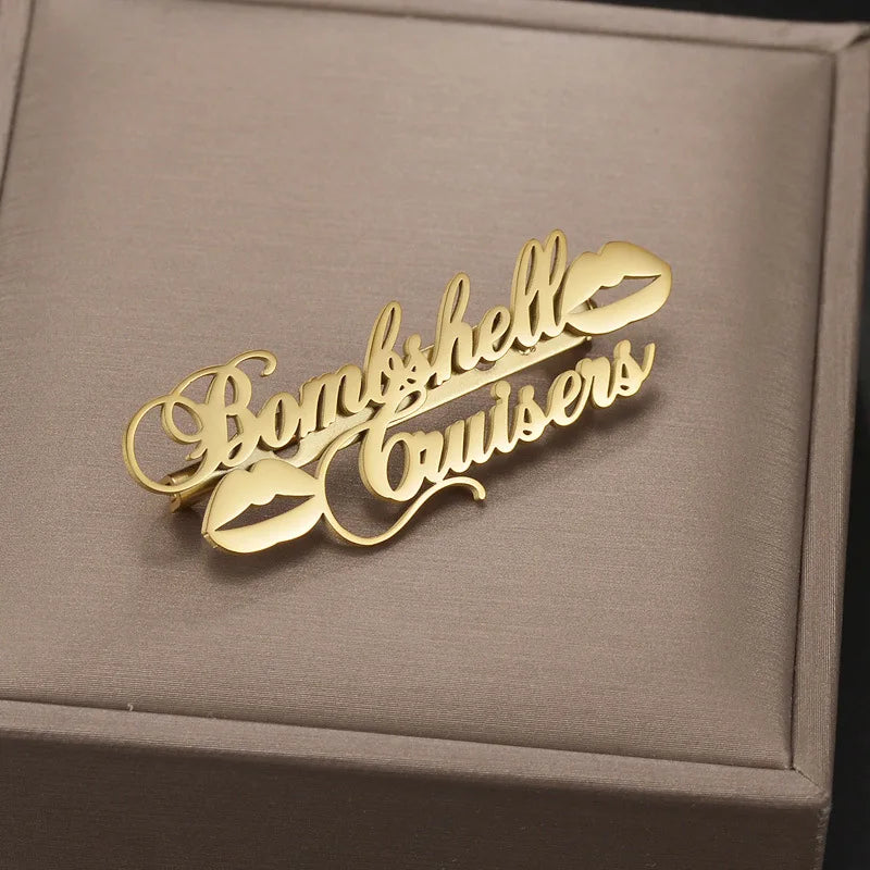 NEWNORTH Name Brooch Stainless Steel Wholesale Jewelry Gold Waterproof Personalized Customized Letter Name Lip Brooch for Women