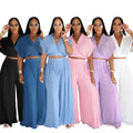 Hot Sale Women Fashion V Neck Short Sleeve Crop Top High Waist Loose Pants Set Women Casual Two Pieces Set