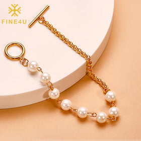 New Women Fashion Trendy Jewelry Gold Plated Link Chain Stainless Steel Pearl Bracelets