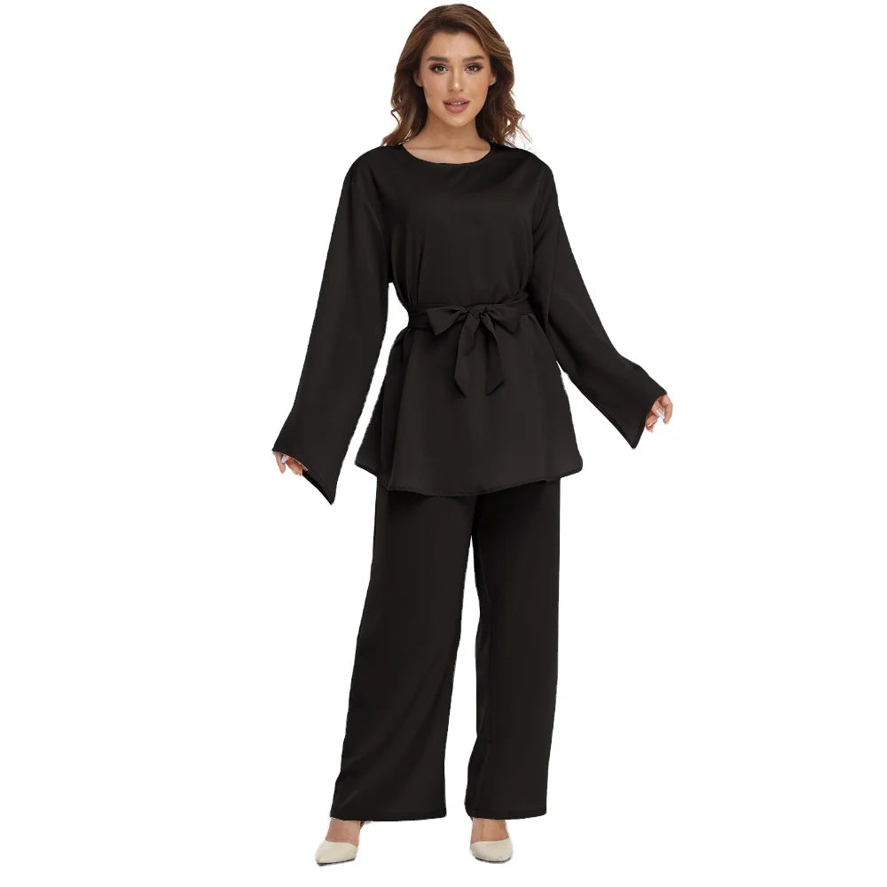 Malaysia Dubai UAE Simple Design Plain Color Fabric 2 Piece Sets Top and Pants for Muslim Girl Office Daily Wear
