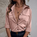 Custom OEM Women's Satin Blouse Turn Down Collar Long Sleeve Button Down Shirt with Chest Pockets Elegant Office Work Casual Top