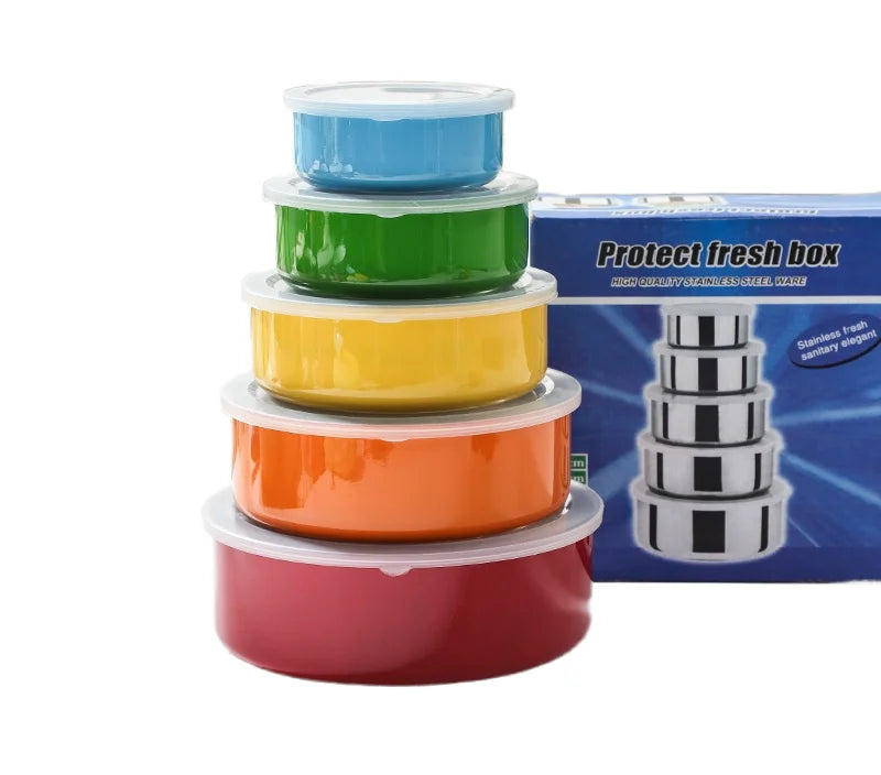 5Pcs Stainless Steel Round Food Storage Box with Plastic Lid Fresh-keeping Color Children's Food Container