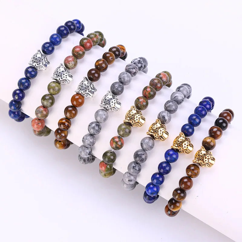 Wholesale 8mm Natural Volcanic Rock Leopard Head Beaded Lapis Tiger Eye Bracelet Handmade Energy Jewelry for Gifts Anniversaries