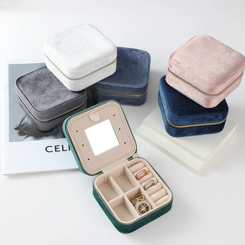 Custom Logo Portable Fashionable Square Shape Jewelry Box with Zipper Travel Velvet Jewellery Storage Packaging Box with Mirror
