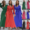 New v Neck Loose Ladies Red Maxi Elegant Casual Dress Pleated Dress Long Sleeve