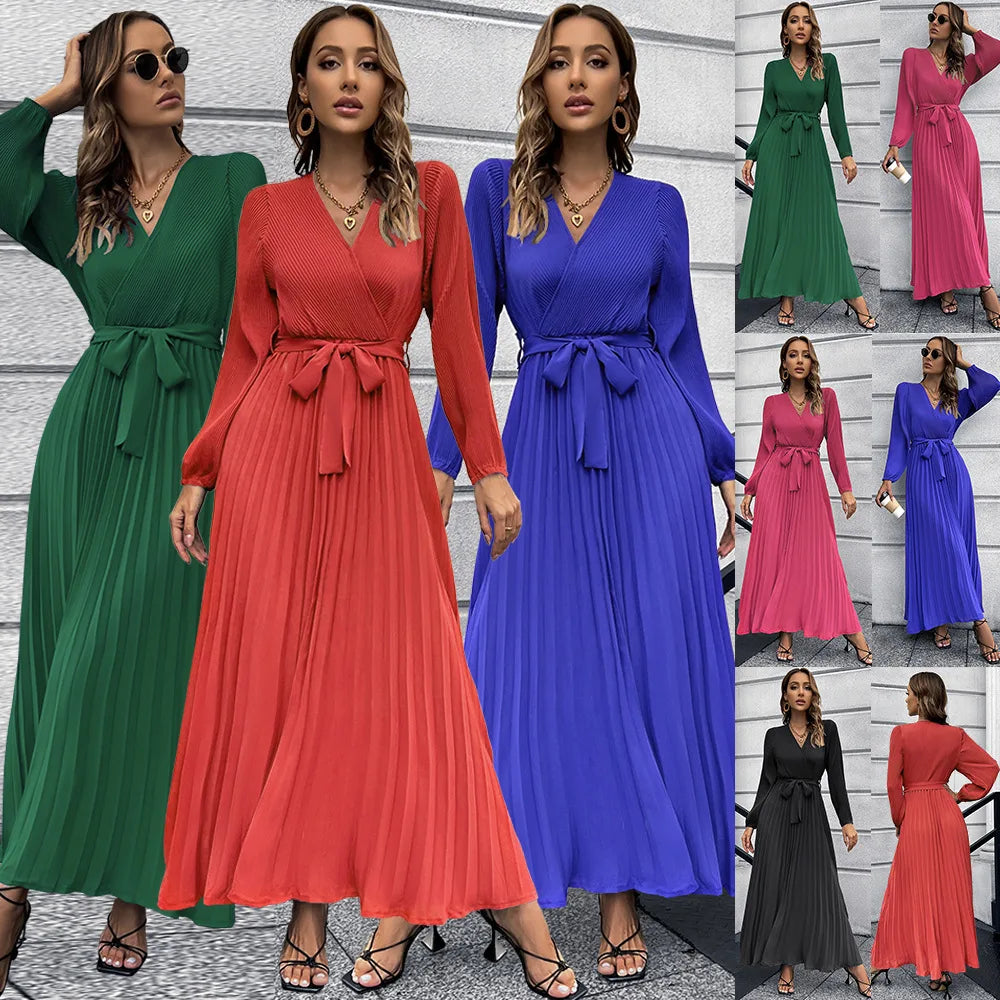 New v Neck Loose Ladies Red Maxi Elegant Casual Dress Pleated Dress Long Sleeve