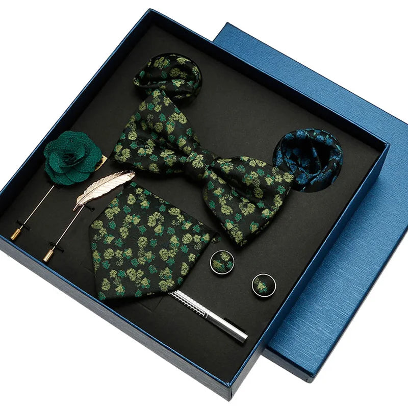 Business Suit Green Navy Ties for Men Gift Box Necktie Bowtie Pocket Square With Brooch Cufflinks Clip Pin Set for Party Wedding