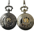 Antique Compass Hand Winding Mechanical Hollow Skeleton Roman Stainless Steel Pocket Watch