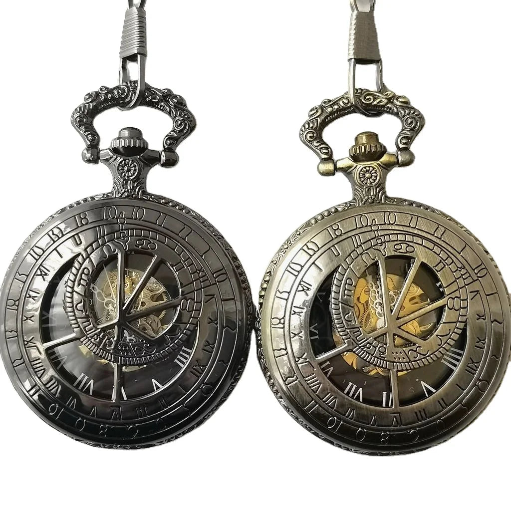 Antique Compass Hand Winding Mechanical Hollow Skeleton Roman Stainless Steel Pocket Watch