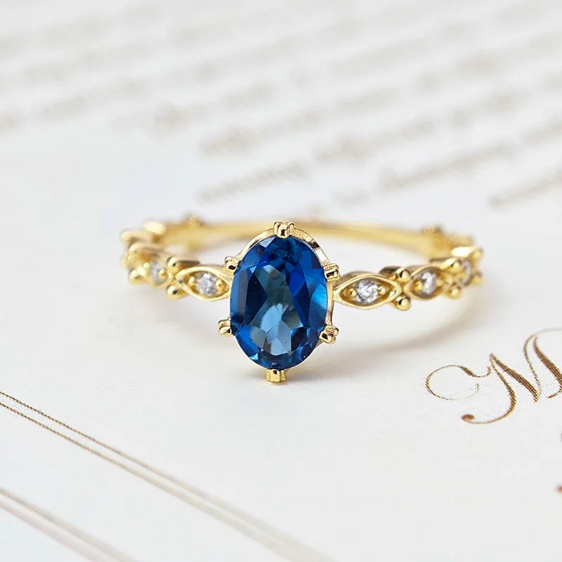 Natural Topaz Rings for Women Gemstone Ring Blue Topaz 925 Sterling Silver K Gold Plated Wedding Engagement LAMOON
