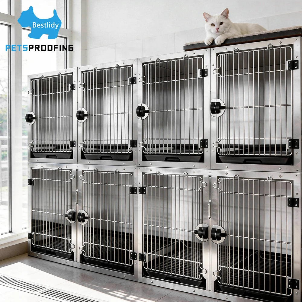 Professional Metal Heavy Duty Double Large Modular Stacking Strong Stainless Steel Dog Grooming Crate Cage Bank for Shop Hotel