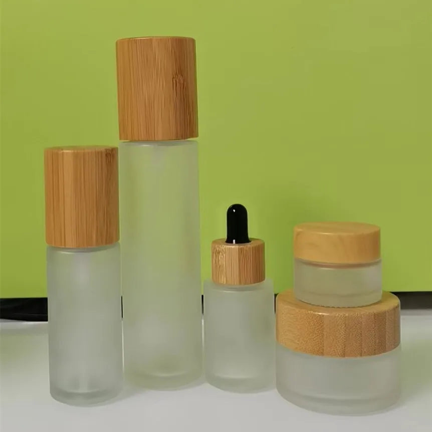 Luxury Empty 50g Frosted Glass Cosmetic Cream Jar 30ml 50ml 100ml Bamboo Wood Lid Lotion Pump Bottle Spray Skincare Glass Bottle