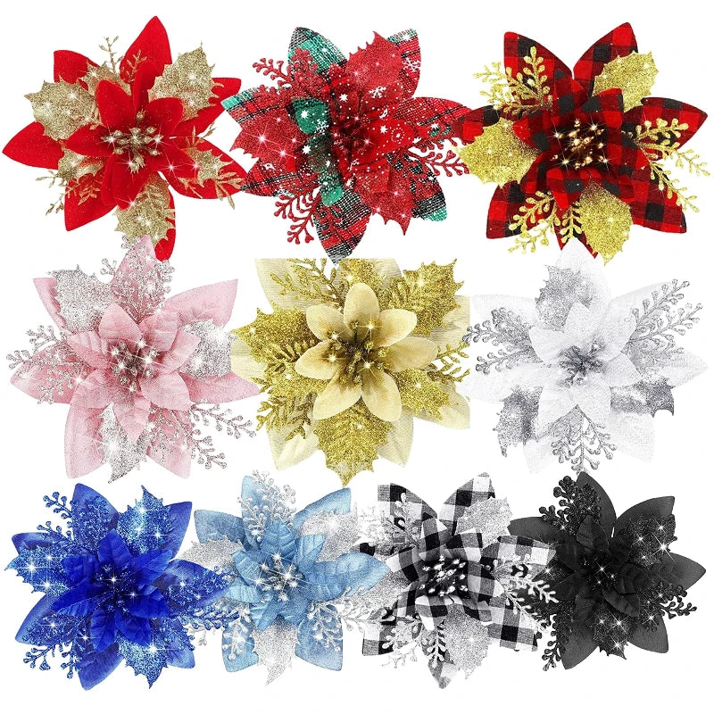 14.5cm Glitter Poinsettia Artificial Christmas Flower Head DIY Xmas Tree Ornament for Wedding Party Home Decor New Year Navidad