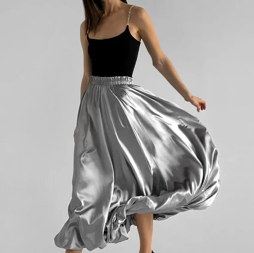 Enyami Customized Half Skirts Silver Glossy High Waist Elegant A-line Fashion Casual Solid Color Long Wide Fluffy Loose Skirt
