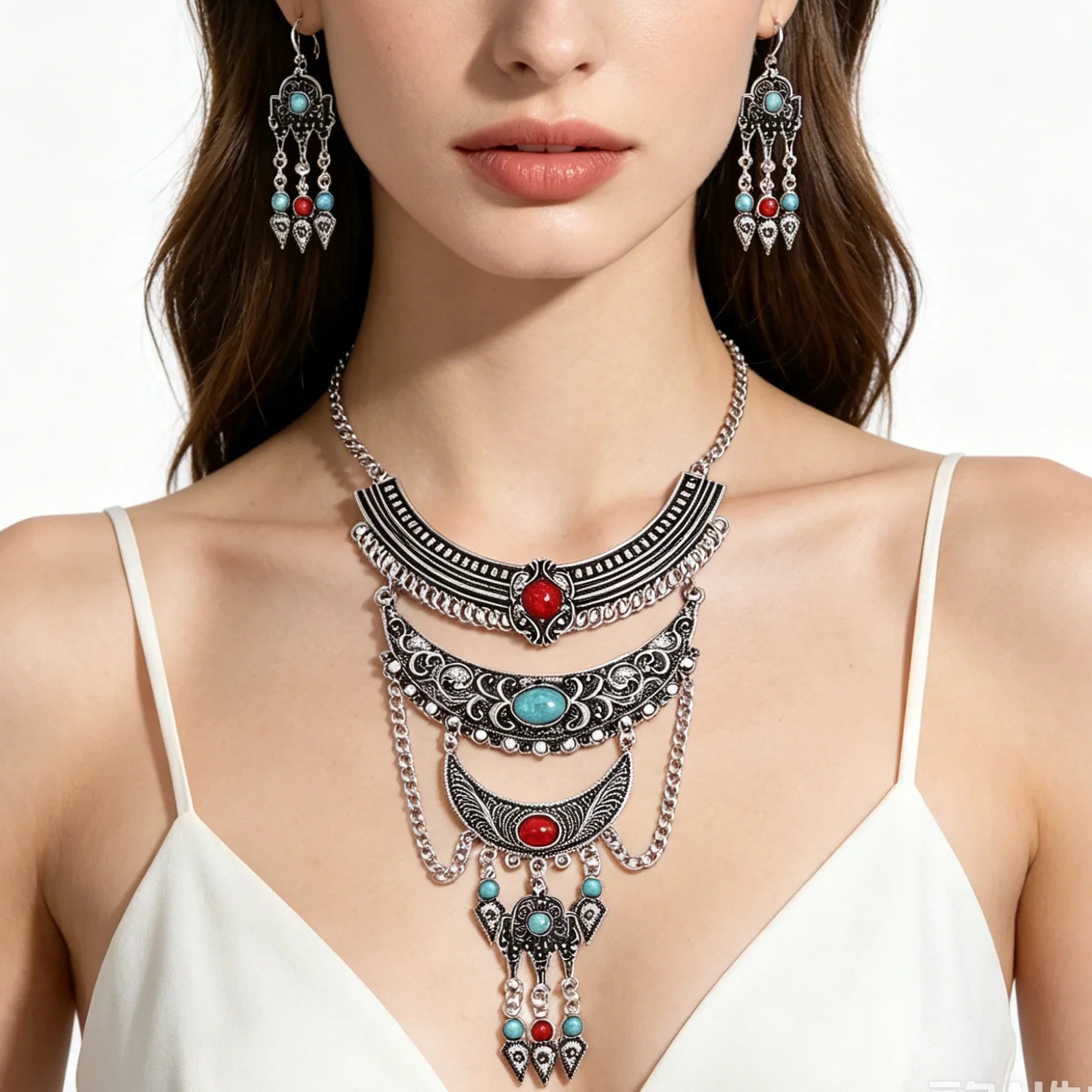 Statement Necklace Earrings Jewelry Sets Vintage Style Silver Golden Women Bohemian Necklace Earrings Set