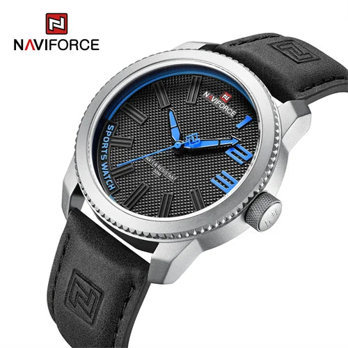 NAVIFORCE 9202L SBEB Big Dial Waterproof Blue Leather Strap Black Chase Quartz Wrist Watch for Men Luminous Clock Montre Homme