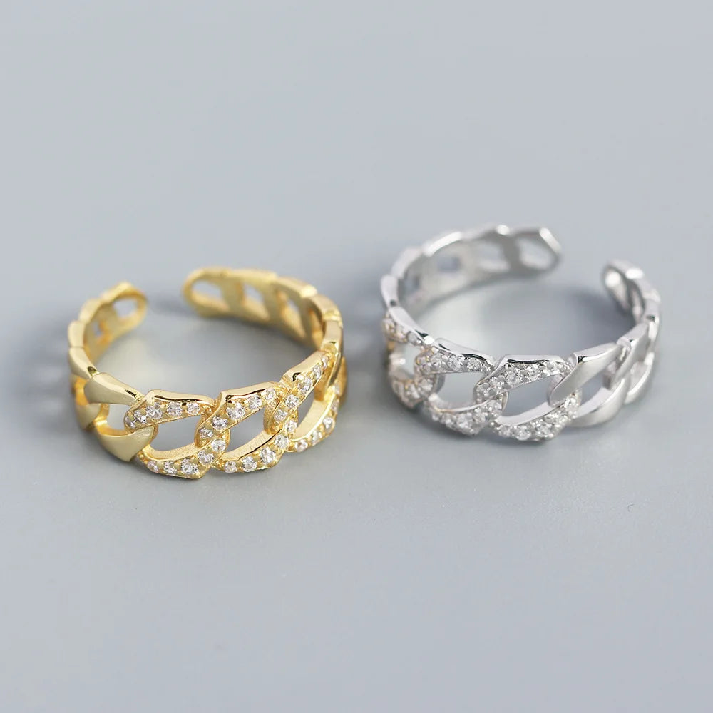 Hot Selling New Design S925 Sterling Silver CZ Micro Pave Geometric Cuban Chain Open Adjustable Ring for Women TYJ0321