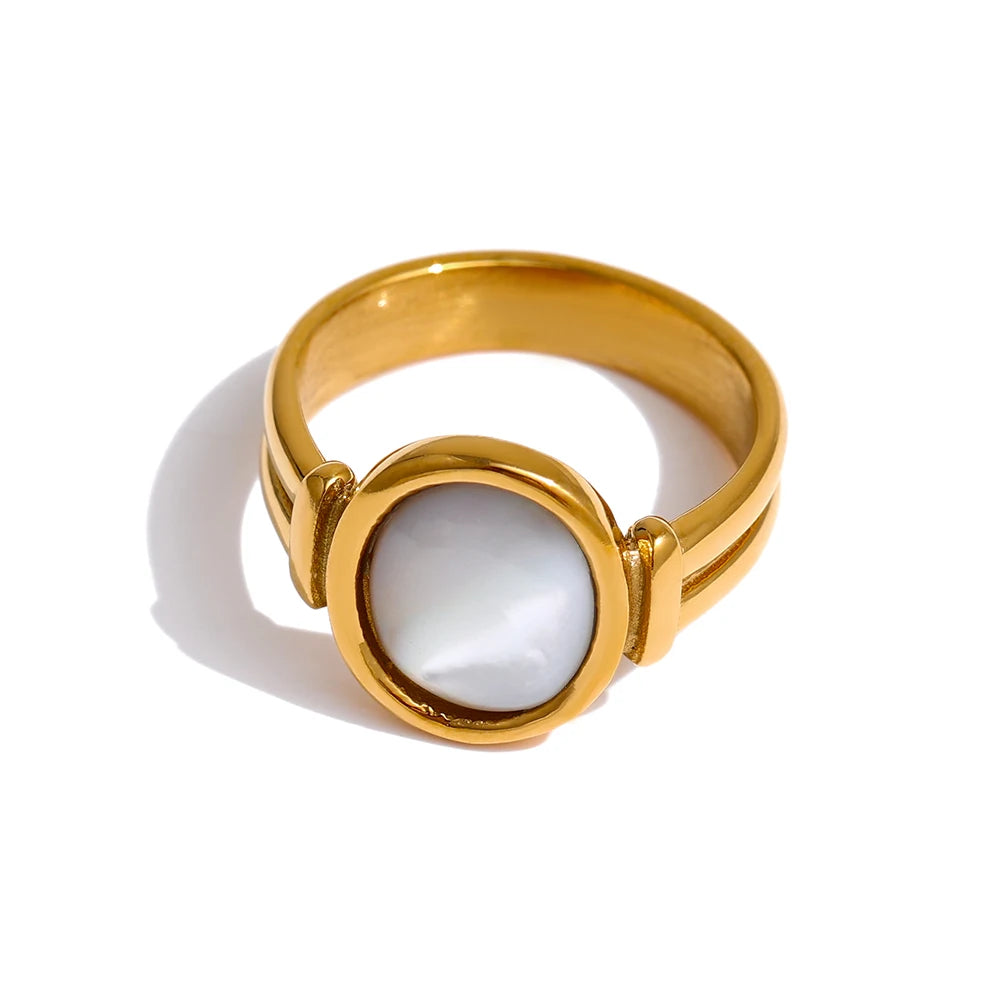 JINYOU 831 Fashion Vintage Metal Waterproof 18K Gold Plated Stainless Steel Natural Shell France Chic Charm Ring Jewelry Women