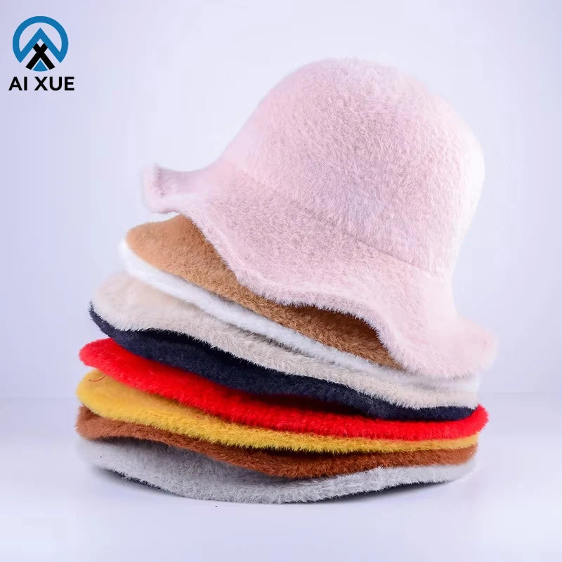 2026 New Arrival Solid Bucket Hats Fashion Winter Bucket Hats Custom Marten Hair Fur Furry Fisherman Cap for Woman