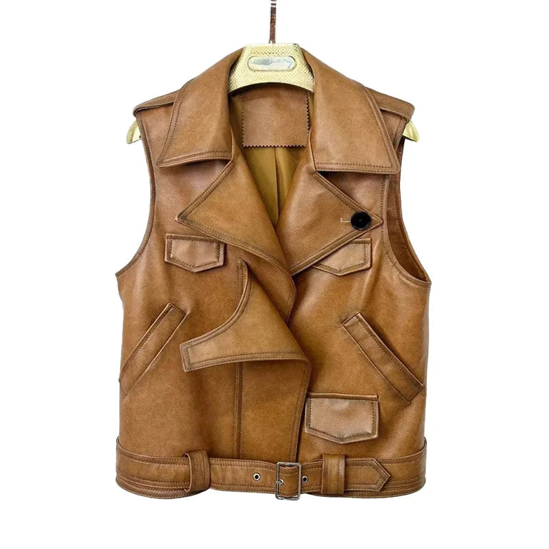 Wholesale Fashion Sleeveless Leather Waistcoat Real Sheepskin Leather Vest Women