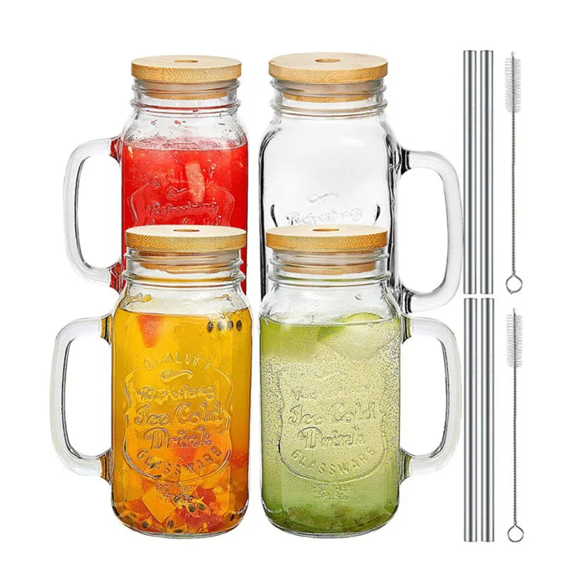 Drinking 24 OZ Mason Jar Regular Mouth Mugs Cups with Bamboo Lids and Stainless Steel Straws with Handle