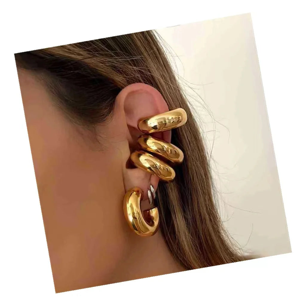 Korean Minimalist Geometric Circle Hollow Tube Statement Gold Plated Chucky CC Earring Gold Hoop Clip Earrings