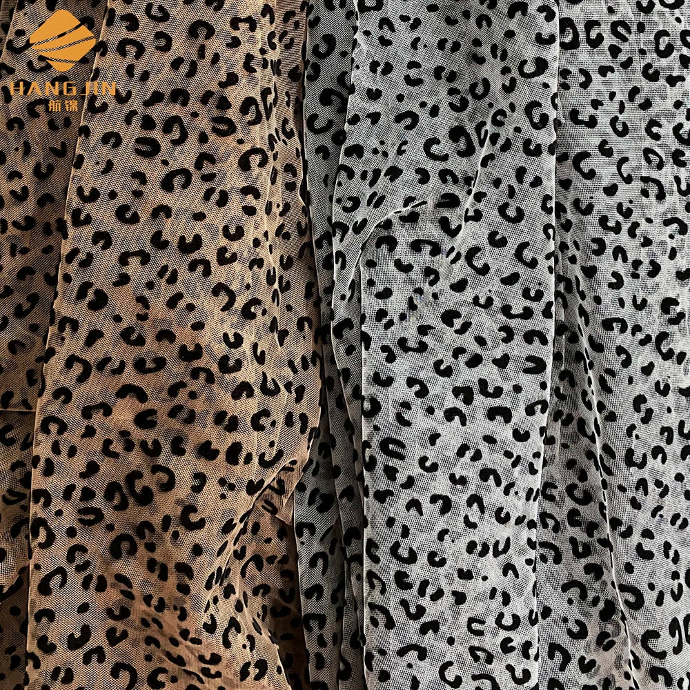Hot Sales Polyester Tulle Cheetah Flocked Tulle Net Fabric Customize Black Leopard Flocked Mesh Fabric