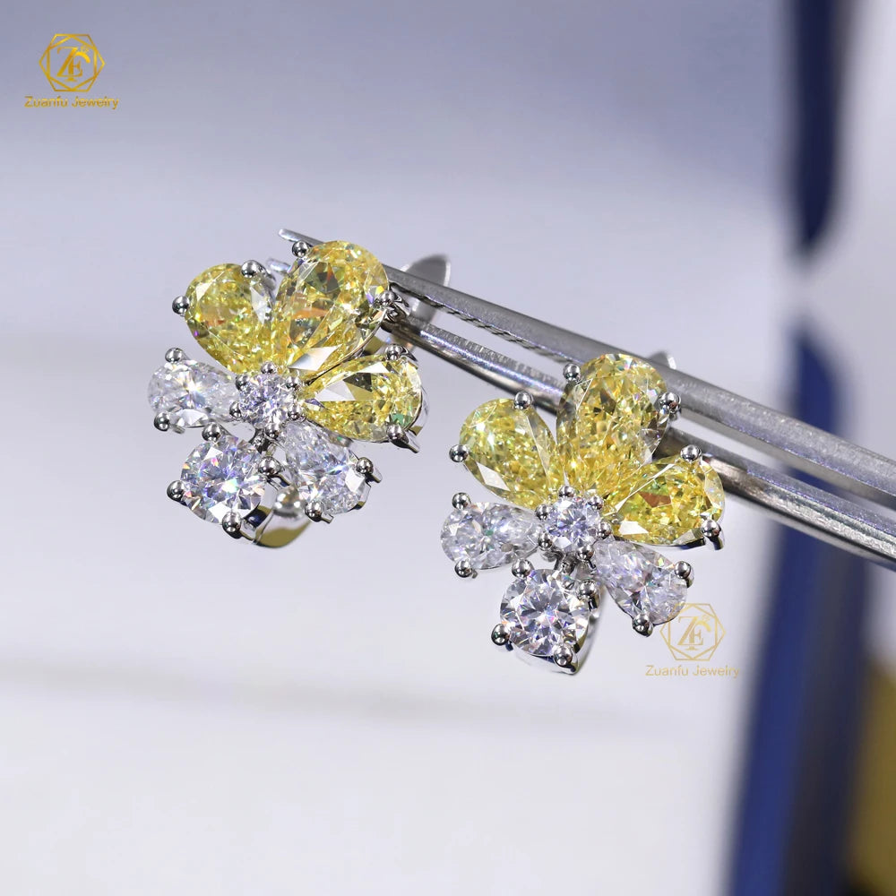 Custom 925 Silver Jewelry Yellow Flower Earrings Moissanite Vvs Earrings Flora Style Pear Cut Diamond Earrings Women Gift
