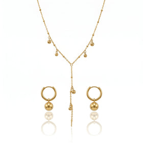 QIAOREN 11692 Tarnish Free 18K Gold Stainless Steel Ball Charm Jewelry Set Y Lariat Necklace & Hoop Earrings
