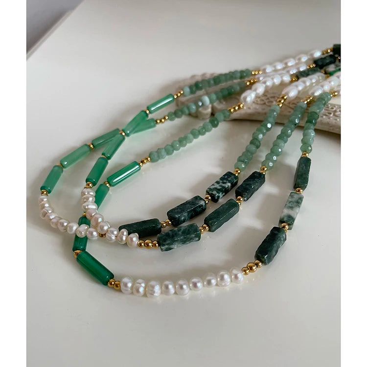 Stainless Steel Mix Green Natural Stone Freshwater Pearl Beads Necklace Choker Necklaces Women Bohemian Beaded Handmade Jewelry