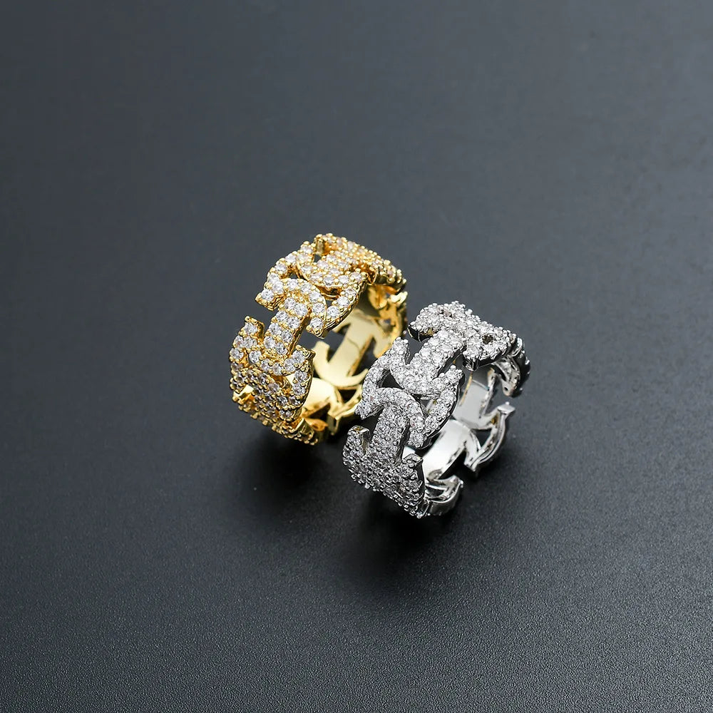 DUYIZHAO Hip Hop Ring Geometric Hollow Iced Out Ring Personality Full Zirconia Fashion Ins Jewelry 18k Gold Finger Rings