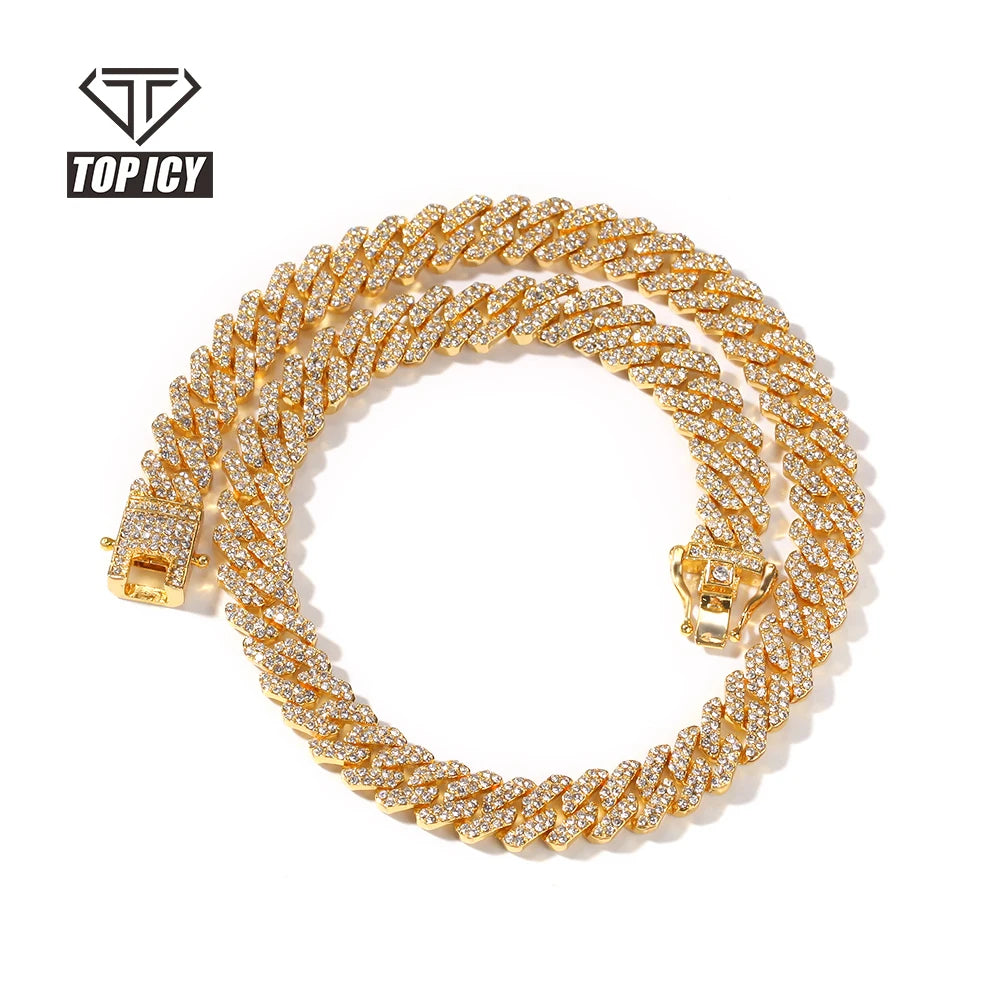 12mm Silver Cuban Chain Iced Out Rhinestone Zinc Alloy 18k Gold Plating Miami Cuban Link Chain Necklace for Women Men Wholesale MegaBDM