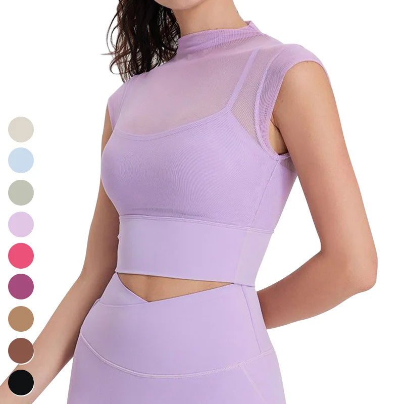 Quick Dry Running Workout T-shirt Sexy Mesh Woman Clothing Short Sleeve Fitness Shirt Yoga Crop Top for Women With Fixed Padded