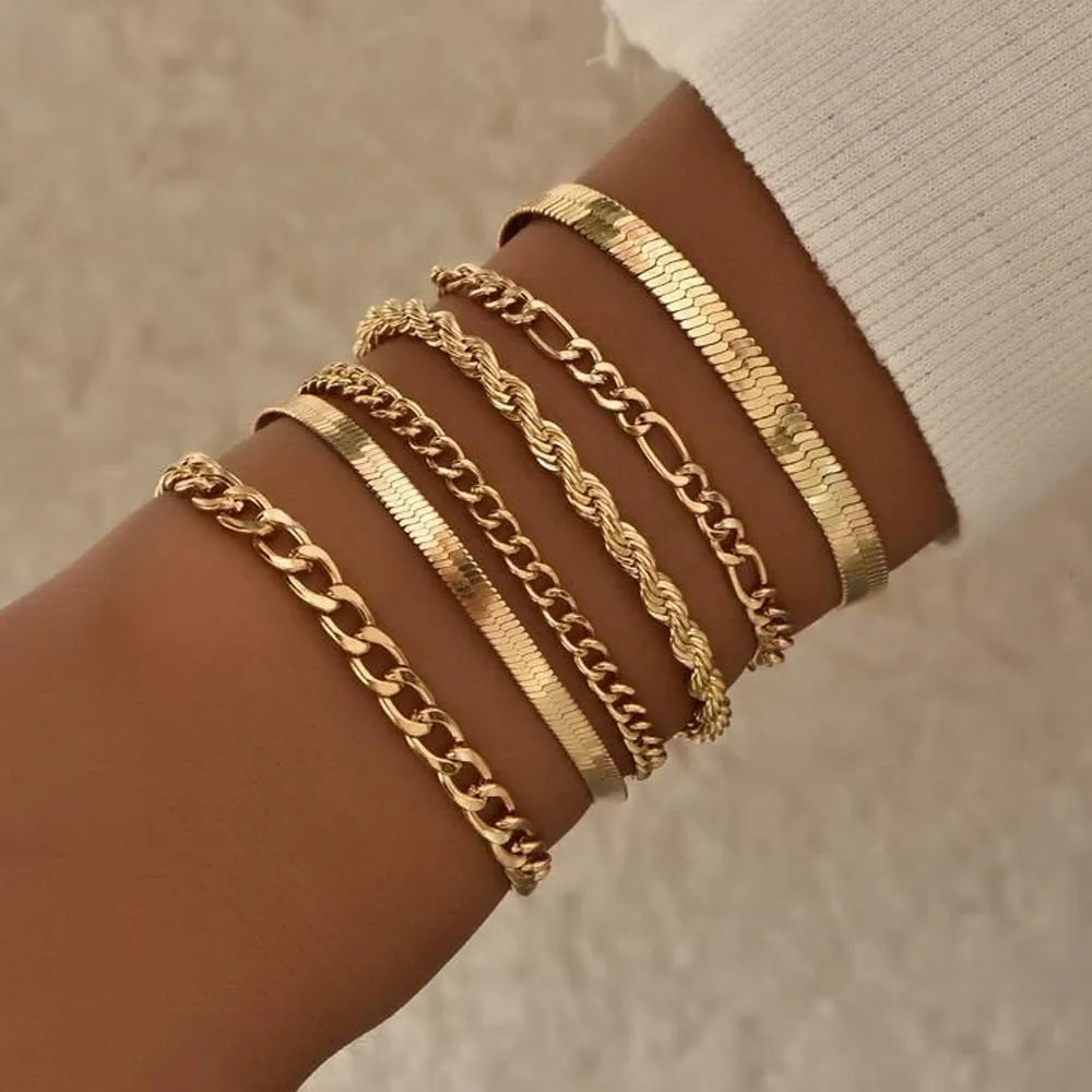 18k Gold Plated Miami Cuban Chain Hip Hop Necklace Bracelet Stainless Steel Rope Chain Men Herringbone Snake Chain Bracelet