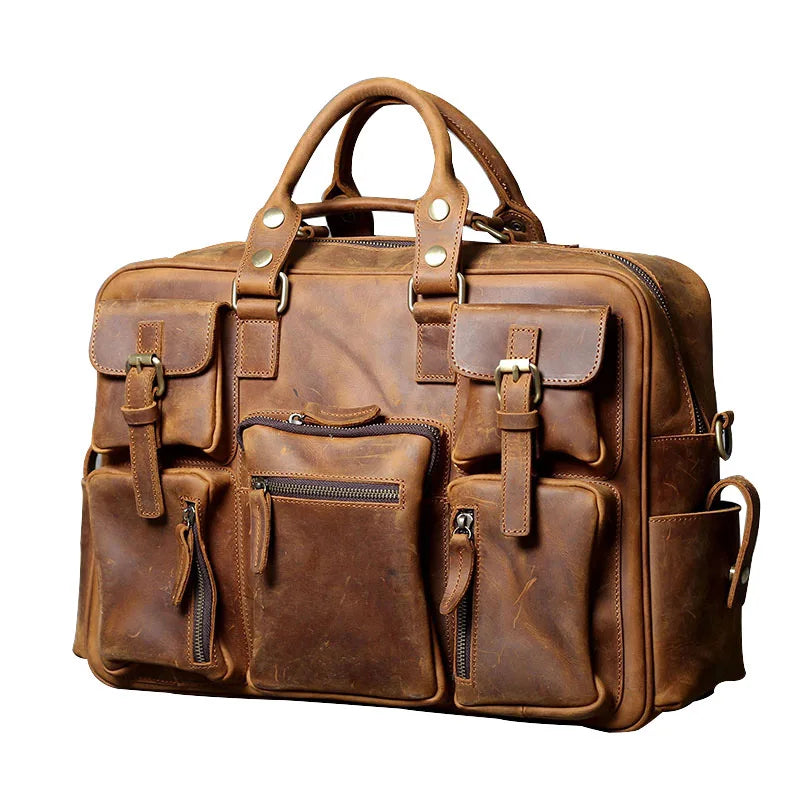 Luxury Zipper Genuine Leather Cowhide Briefcase Overnight Business Trip Luggage Tote Bag