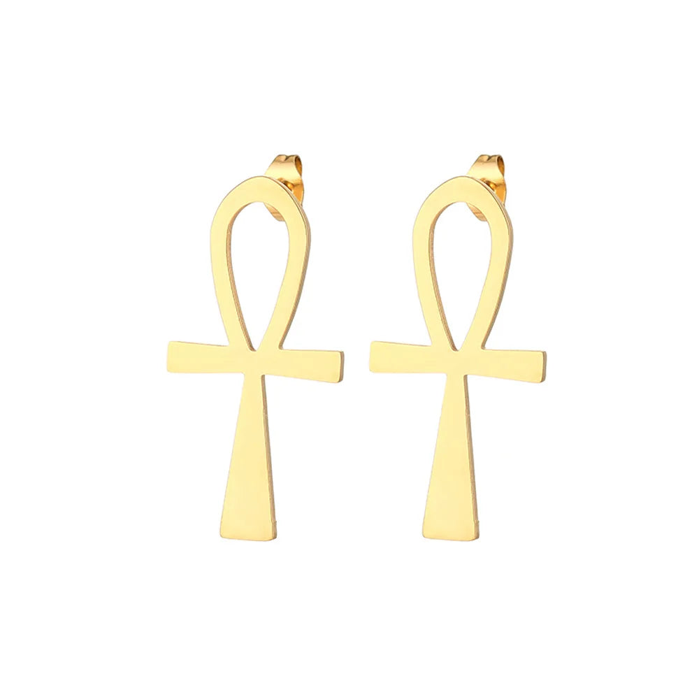 Titanium Jewelry Hip Hop Unisex Stainless Steel Ankh Cross Stud Earrings