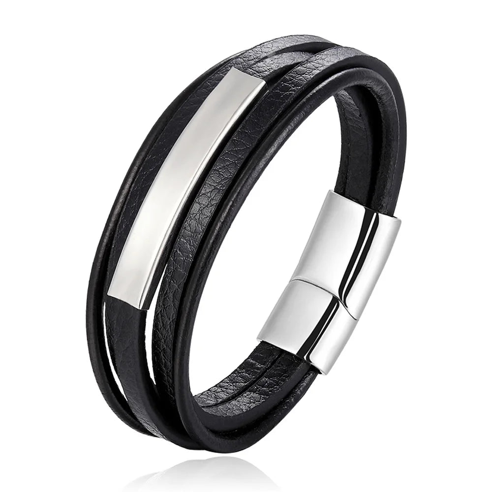 Vintage Stainless Steel Rope Bracelets Men Jewellery Trend Simplicity Genuine Leather Magnetic Buckle Bracelets Accessories