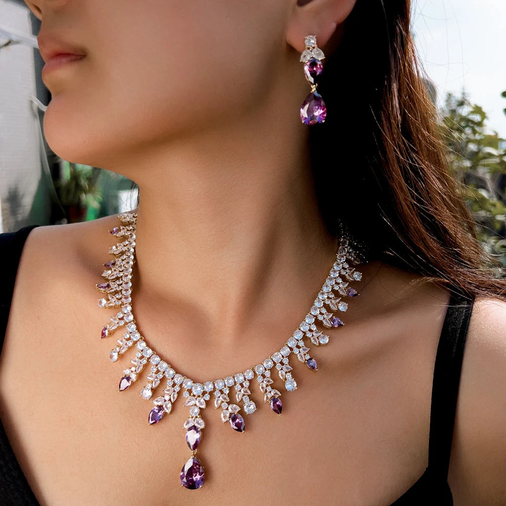 Luxury Gold Plated Purple Cubic Zirconia Big Chunky Water Drop Wedding Necklace Pageant Bridal Jewelry Sets