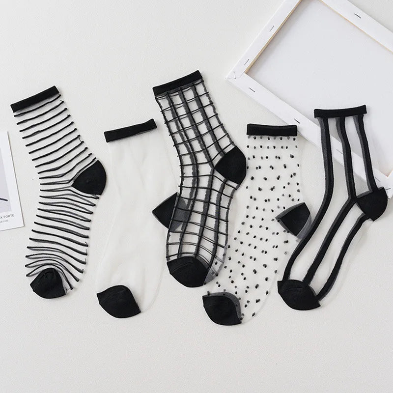 2023 Summer Ladies Fashion Sheer Silk Ultra Thin Transparent Crystal Lace Women Thin Socks