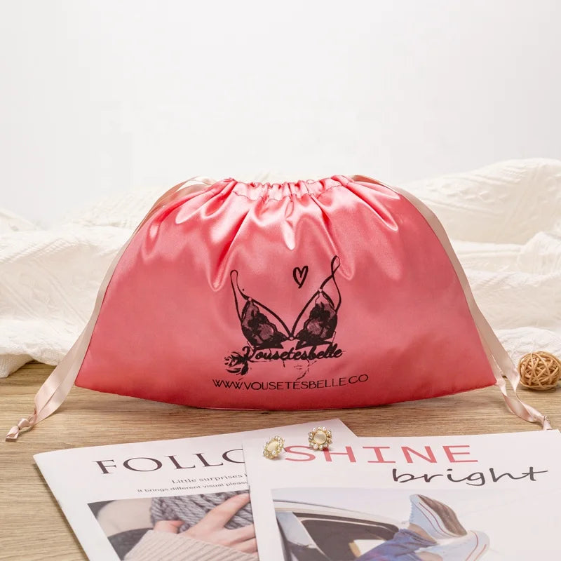 Custom Logo Printing Shiny Satin Dust Bag for Wigs Drawstring Bag Hair Tools Gift Packing Silk Satin Pouch for Clothing